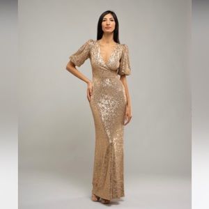 Long sequin dress with crossover neckline. Short sleeves. Lined. Lightweight.